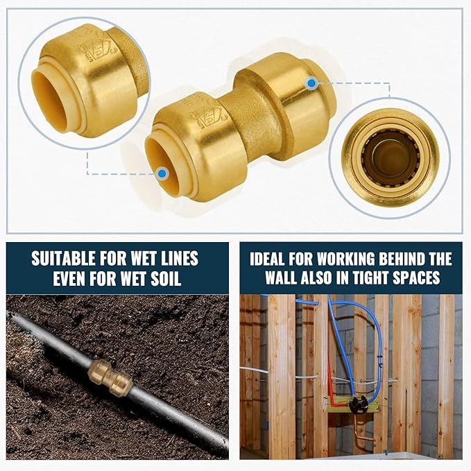 SUNGATOR Push Plumbing Fittings Assortment, 1/2 Inch Coupling (5 PCS), 3/4 Inch Coupling (5 PCS), No Lead Brass Push to Connect Pex Pipe, Copper, CPVC, with 2 Disconnect Clips, Pack of 10
