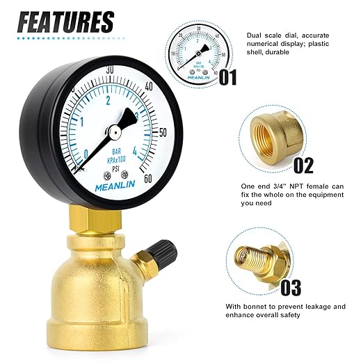 MEANLIN MEASURE 0-60Psi Forged Brass Air Test Pressure gauges, 3/4" FNPT Connection, 2" Double Graduated, Bell Shape Body Assembly, -3-2-3% Accuracy