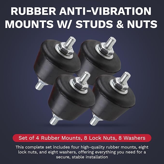 DuctlessAire - Rubber Anti Vibration Mounts w/Studs & Nuts - Vibration Isolators, Damping Stands - Ideal Shaking Isolator for HVAC Systems & Machines(Set of 4 Rubber Mounts, 8 Lock Nuts, 8 Washers)