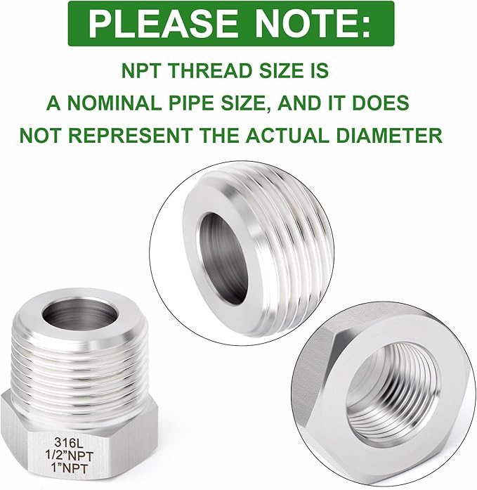TAISHER 2PCS Forging of 316L Stainless Steel Reducer Hex Bushing, 1" Male NPT to 1/2" Female NPT, Reducing Forging Pipe Adapter Fitting