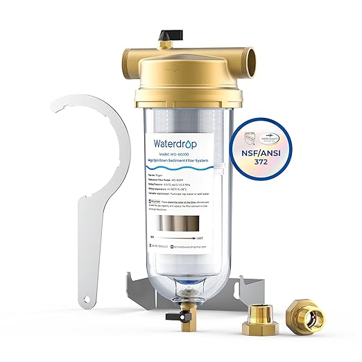 Waterdrop Mega Spin Down Sediment Filter, Reusable Whole House Water Filter System for City Water, Backwash Sediment Water Filter System, 100 Micron+5 Micron PP Filter, 1" MNPT + 3/4" FNPT, BPA Free