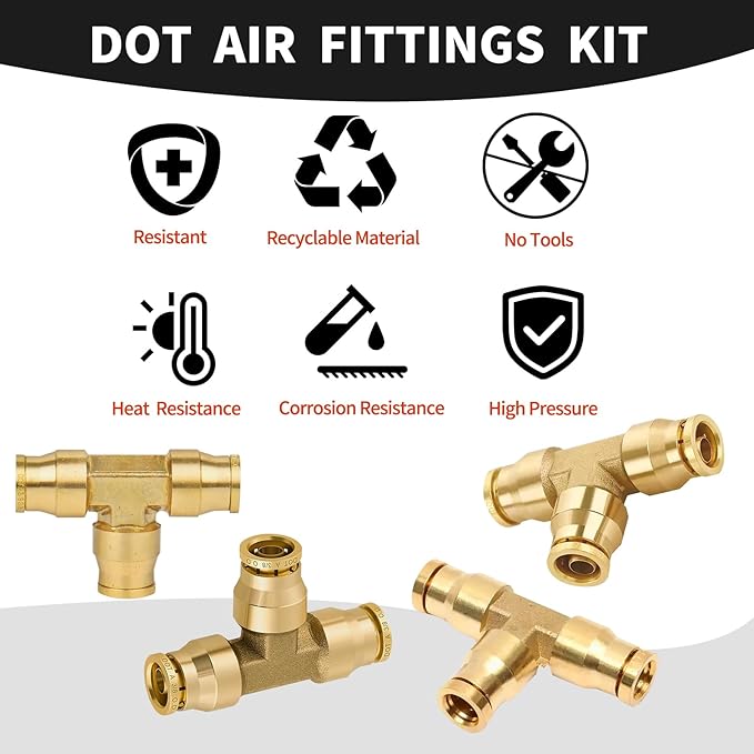 1/4" Brass Push to Connect Fittings Tee Union Dot Approved Air Brake Quick Connect Fittings Air Line Fittings Air Suspension Kit for Truck Trailers and Air Brake System 5Pcs