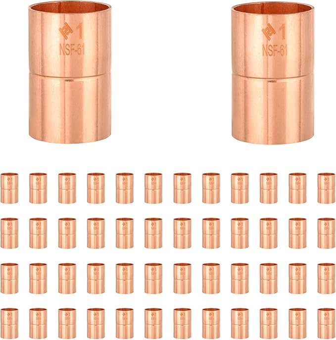 HeSun 50-Pack Copper Fittings, 1-Inch Copper Coupling with Rolled Stop, C x C with Sweat Solder Connection