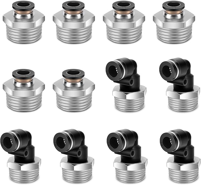 12 Pcs Push to Connect Fittings 1/4 Inch Tube OD x 1/2 Inch NPT Thread Pneumatic Male Straight and Elbow Quick Connect Air line fittings