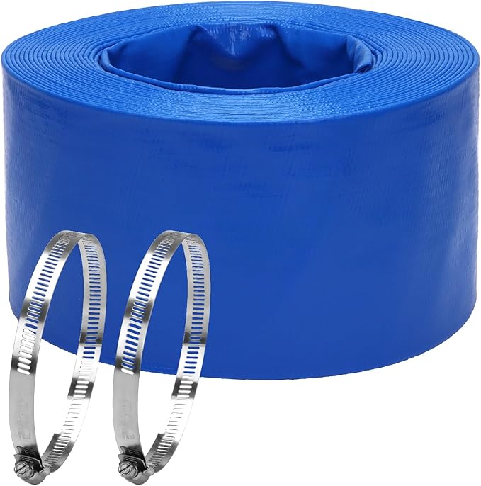 Lay-Flat Pool Backwash Hose - 4" x 50Ft Reinforced Heavy Duty PVC Discharge Hose Weather-Proof Vinyl Pool Drain Hose for Water Transfer with 2 clamps