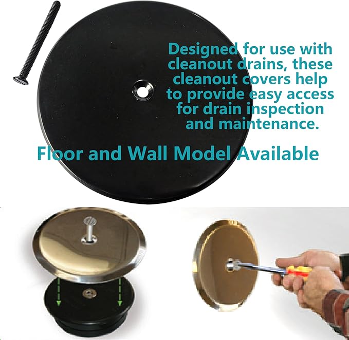 7" Black Decorative Cleanout Access Covers Plate, Flat Design Cover and Seals CO2530-SS7 For Back Deck Drains and Plug Hole with Large Center Securing Screw, Stainless Steel, Round