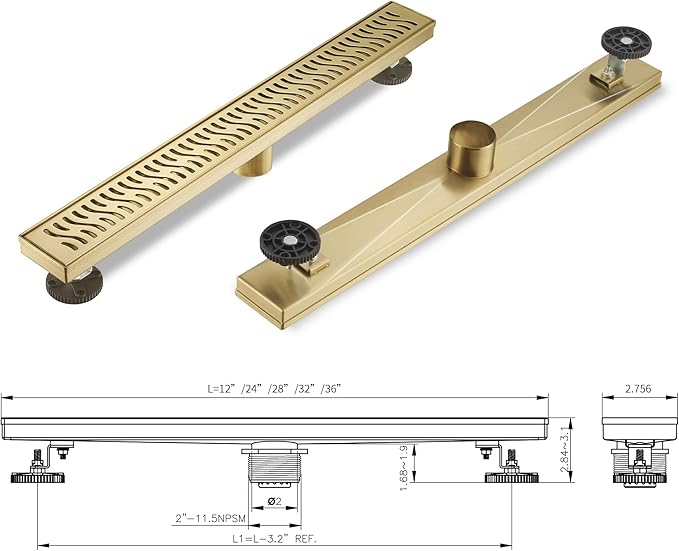 Linear Shower Drain 48 inch, Floor Drain with Removable Pattern Grate, 304 Stainless Steel Rectangular Linear Drain with Hair Strainer, CUPC Certified, Brushed Gold, SD-103