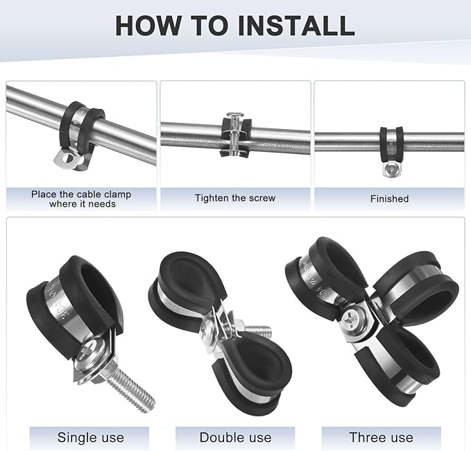 12-Pack Cable Clamps, 23/32 Inch/ 18 mm 304 Stainless Steel Rubber Cushioned Insulated Cable Clamp R Shape Metal Holder for Tube/Wire/Pipe/Loop Installation