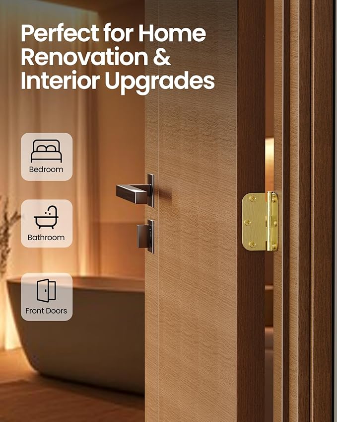 Gold Door Hinges - 30 Pack 3.5 Inch Rounded with 5/8" Radius Satin Brass Door Hinges for Interior and Exterior Doors - Heavy Duty 3 1/2" Brushed Gold Residential Door Hardware