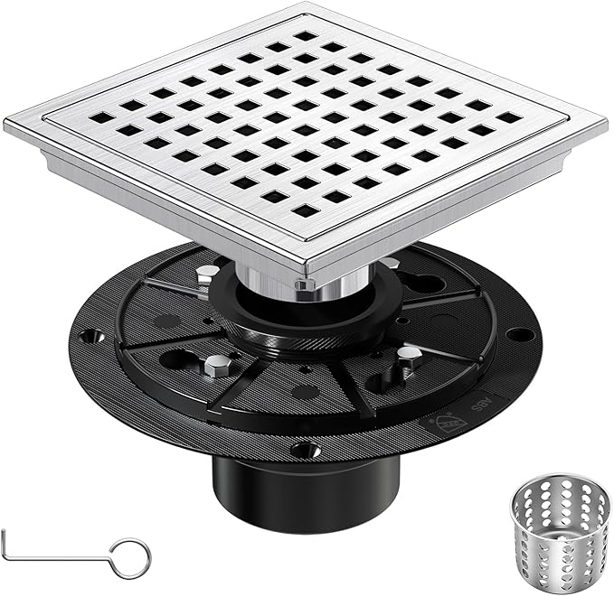 6 Inch Square Shower Floor Drain,304 Stainless Steel Square Shower Drain, High Flow Design CUPC & Watermark Certified(Brushed Nickel, 6 in)