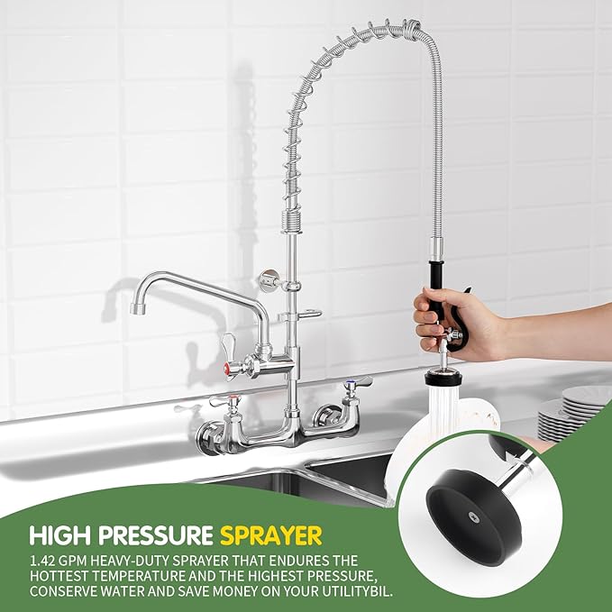 Commercial Sink Faucet,TOLSUNY Commercial Kitchen Faucet Wall Mount with Pre Rinse Sprayer,Wall Mounted Kitchen Sink Faucet for Industrial and Restaurant Sinks. (Classic, 36)