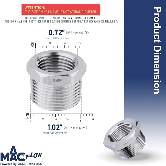 MAACFLOW Stainless Steel 3/4" Male NPT to 1/2" Female NPT Adapter Reducer Hex Bushing (Thread OD 1.02" - ID 0.72") (pack of 2)
