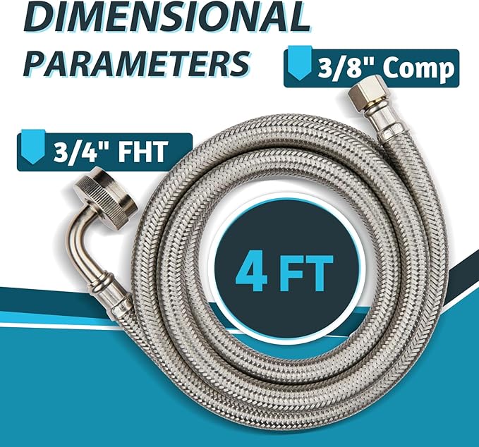(20 Pack) Seelink 4FT Dishwasher Hose, 3/8" Comp x 3/4” FHT Stainless Steel Water Supply Line with 90 Degree FGH Elbow