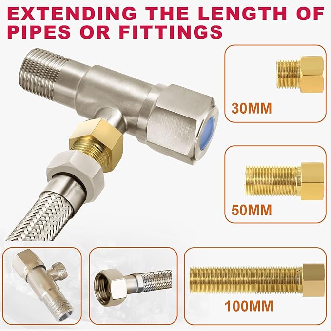 Extension Brass Fittings 1/2" NPT Male Threaded Pipe Hex Bushing Adapter Converter Adapter, Female to 1/2" Copper Pipe Extension Connector Fittings Female Length 100 mm (3pcs)