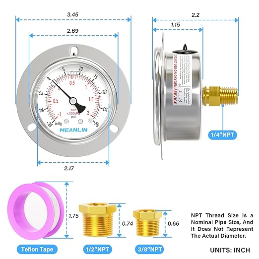 MEANLIN MEASURE -30inHG~30Psi Liquid Filled Pressure Gauge Front Flange Panel Mount, 1/4" NPT 2.5" FACE DIAL Stainless Steel Case with Phillips Screw, Nut and Brass Hex Bushing, +/-3-2-3%