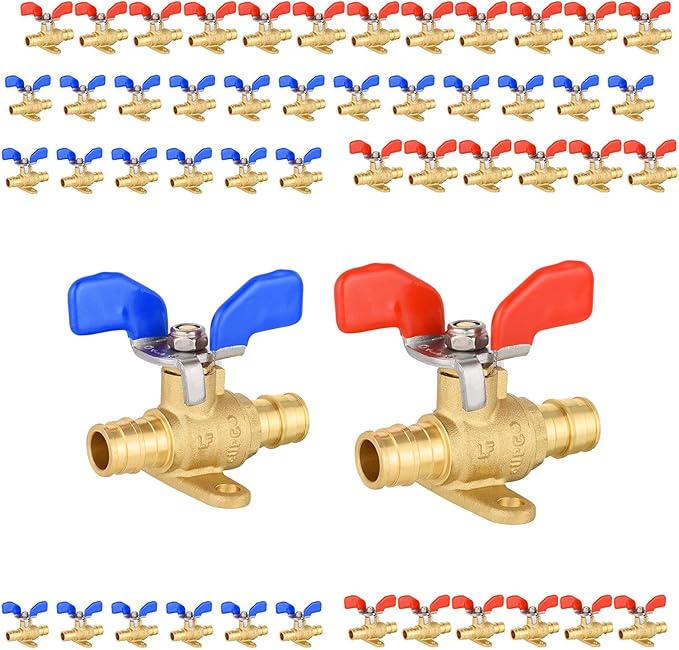 50 Pack Foskan PEX-A Expansion Drop Ear Ball Valve, 3/4" Full Port Shut-off Valve with Blue or Red Butterfly Handle for PEX-A Pipe Connection
