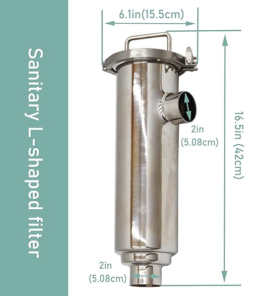 TECHTONGDA Water Filter Strainer L-Type 304 Stainless Steel 2inch Inlet Outlet 100 Mesh Quick Tri Clamp 16.5inch Length