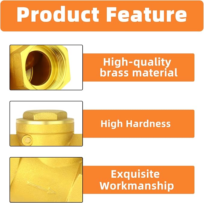 GASHER 1PCS Brass Swing Check Valve 2" Female Thread, Backflow Prevention, One Way Check Valves for Sump Pump and Air Compressor, Gas Air Fuel Oil Water