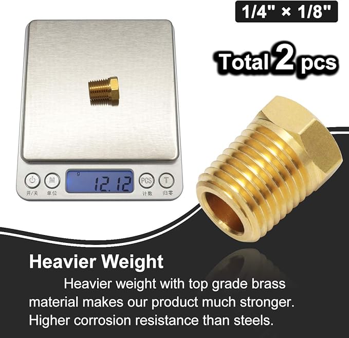 1/4 Inch NPT Male Thread to 1/8 Inch NPT Female Thread Brass Pipe Fitting, Reducing Hex Head Hose Bushing Adapter Convert Pack of 2
