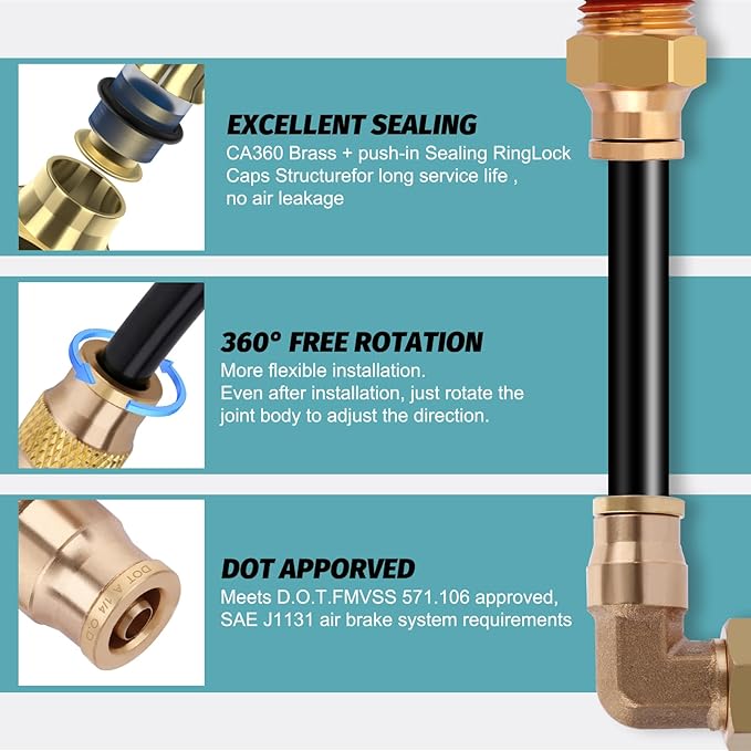 100FT 1/4 Air Hose Brass Fittings Kit 22pcs 1/4" OD Quick Push to Connect DOT Brass Fittings 1/4 SAE J844 PA12 Nylon Air Line Tubing with Cutter for Air Suspension Kit Trailer Brake System