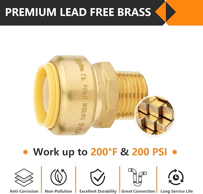 10-Pack HeSun Pushfit Male Adapter, 1/2" MNPT x 3/4" Push to Connect Plumbing Fittings with Disconnect Clip, Brass Push-fit Fittings for PEX, Copper, CPVC, PE-RT Pipes(PF132-10)