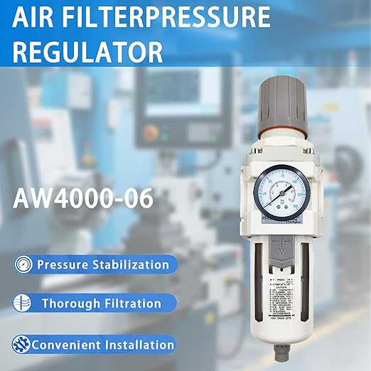 XingNEeng 3/4" NPT Compressed Air Filter Regulator Lubricator Combo, Water/Oil Trap Separator, Gauge(0-150 psi), Semi-Auto Drain, Poly Bowl, 5 Micron Brass Element, Bracket, for Pneumatic Systems