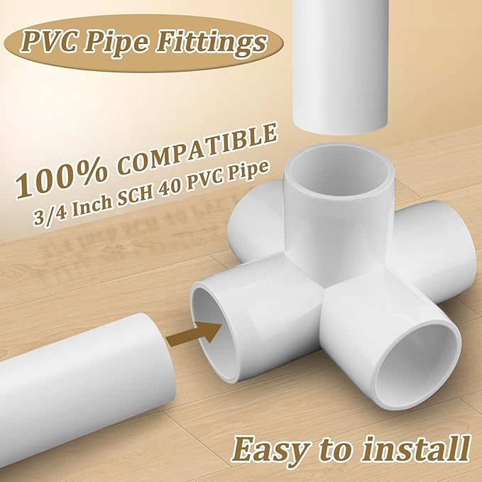 12-Pack 3/4" PVC Fittings 5 Way, Furniture Grade 3/4 Inch PVC Pipe Fittings 5 Way, UV Resistant, Fits SCH40 Pipe DIY Garden Shelves, Greenhouse, Shelf