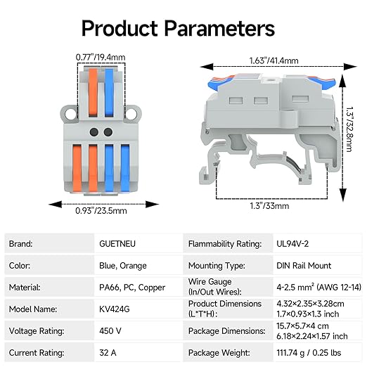 5Pcs Lever Wire Connectors, 2 in 4 Out, Push-in, 4-2.5 mm² Quick Wiring DIN Terminal Blocks, 30Pcs Wire Ferrules Terminals & 5.51 Inch DIN Rail Included