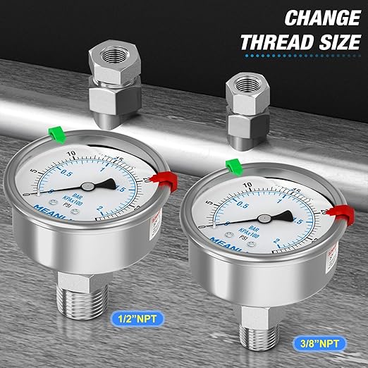MEANLIN MEASURE 0~30Psi Stainless Steel Liquid Filled Pressure Gauge 2.5" FACE DIAL 1/4" NPT for Pool Sand Filter Water Oil Air Pressure Test Back Mount with Stainless Steel Hex Bushing and Snaps