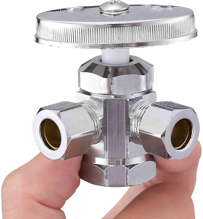 Chrome Plated Heavy Duty Brass 3-way 360 Angle Stop Valve, 1/2"FIP Inlet x 3/8"OD Compression x 3/8"OD Compression Dual Outlet Valve