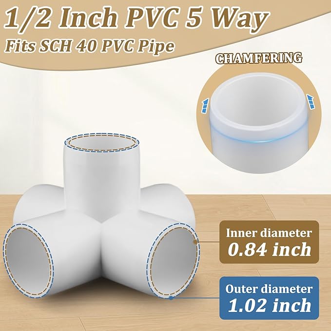 20-Pack 1/2" 5 Way PVC Fittings, Furniture Grade Pipe Fittings 5 Way for SCH40 PVC Pipe, UV Resistant, Pipe Connectors for All DIY Structure and Frames