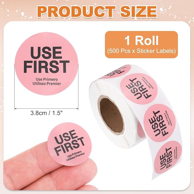 PATIKIL 500 Pcs USE First Stickers, 1.5 inch Round Use First Stickers Food Service Circle Inventory Control Adhesive Labels for Food Service Kitchen Restaurants Retail Storage Date, Pink