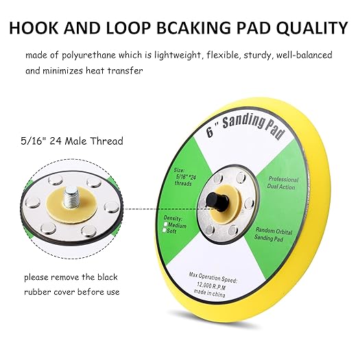 1Pcs 6in Hook and Loop Flexible Backing Pad, 6" Sanding Back Pad 5/16" 24 Thread for Air Orbital Sander and Pneumatic Polisher