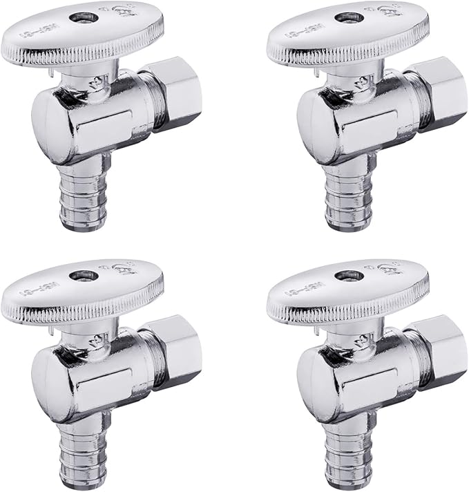 4-Pack EFIELD 1/4 Turn Angle Stop Valve 3/8" OD Compression X 1/2" Pex Chrome Plated Brass,(VALVE076-4PCS)