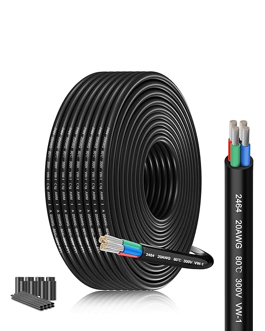 20 AWG 4 Conductor Stranded Wire 20 Gauge Oxygen-Free Tinned Copper Cable 49.21FT/15M UL2464 Certified - Flexible Low Voltage LED Lighting Cord for Automotive Boat Marine Applications