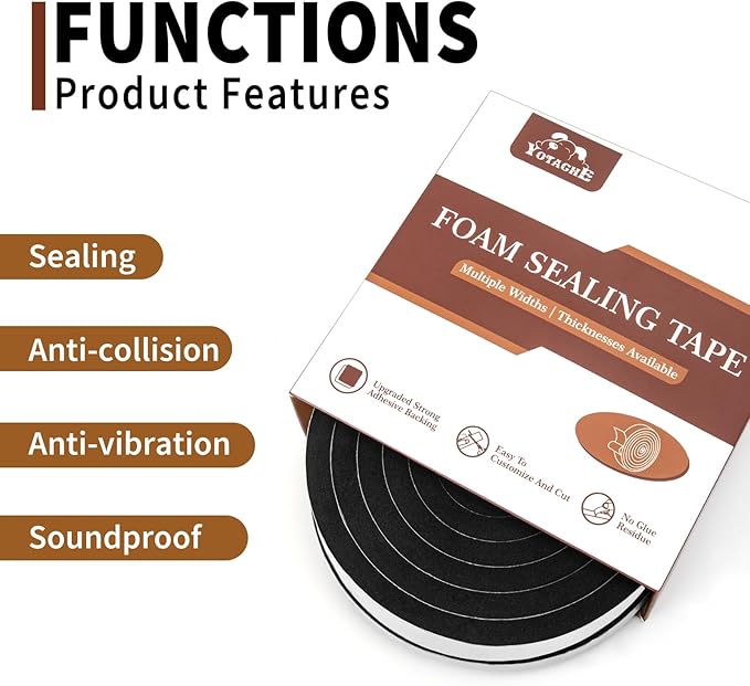 Yotache Foam Insulation Tape 2 Rolls 1" x3/8", High Density Foam with Adhesive Tape Self Stick Weather Stripping Thick, Total 13 Feet Long (2 X 6.5 Ft Each)