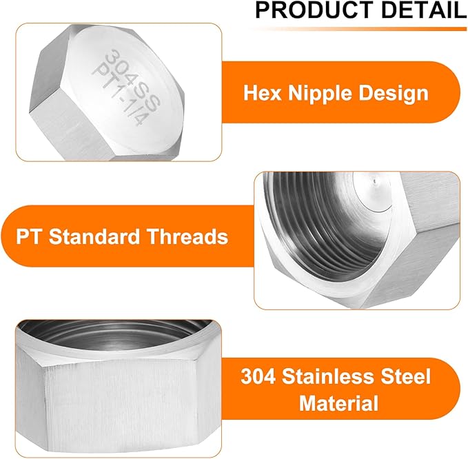 uxcell 1pcs Hex End Cap 304 Stainless Steel Nut with Washer, PT 1-1/4" Female Thread Pipe Fitting, Gas Line Water Line Stop Valve Cap Tubing Ends for Plumbing Fittings, Silver Tone