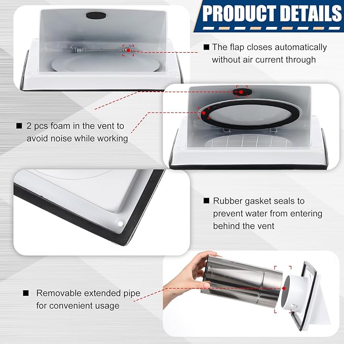 Gisafai 4" Outside Dryer Vent Cover for Exterior Walls Exhaust Vent Cap with Removable Extension Pipe Stainless Steel Hood Cushioned Non Return Flap with Sealing Gasket Grille Screen