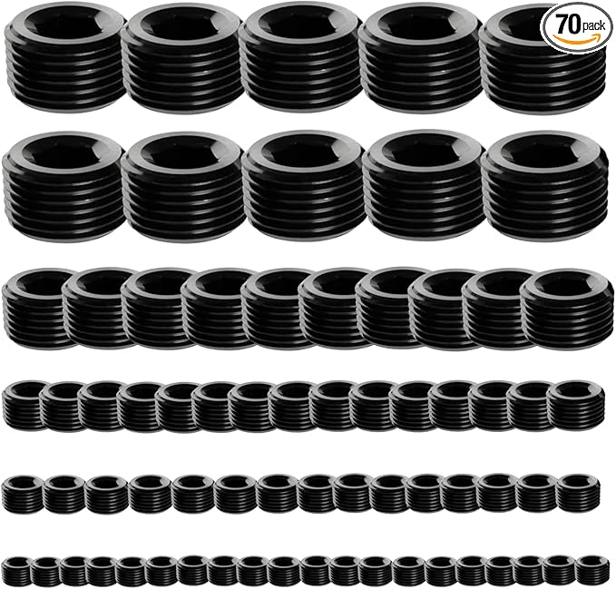 70 Pcs Black Carbon Steel Pipe Plug Fitting Assortment Kit - 5 Sizes 1/8" 1/4" 3/8" 1/2" 3/4" NPT Male Internal Hex Thread Socket for Sealing Port