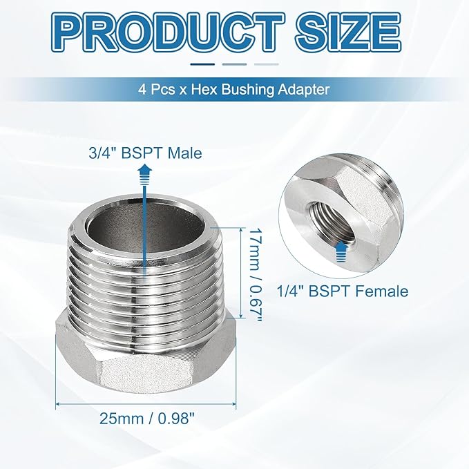 PATIKIL 304 Stainless Steel Reducer Hex Bushing 4 Pcs, 3/4" BSPT Male to 1/4" BSPT Female Pipe Reducing Adapter Fitting Connector for Water Gas Hydraulic Pipes Shower Hose, Silver