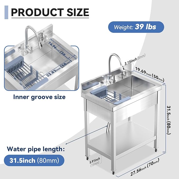 Stainless Steel Utility Sink, 28" Commercial Kitchen Single Bowl Sink with Cold and Hot Water Faucet,Hoses and Drain Kit,Complete Base Plate for Kitchens, Bathrooms, Laundry Room