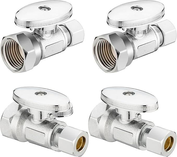 (4 Pack) Lidertik 1/2 inch NPT Thread Straight Stop Valve 1/2 inch x 3/8 inch Compression for Water Toilet Bathroom Sink Brass Plated Chrome 1/4 Turn Valve LI-JF1-NPT-S(4 PCS)