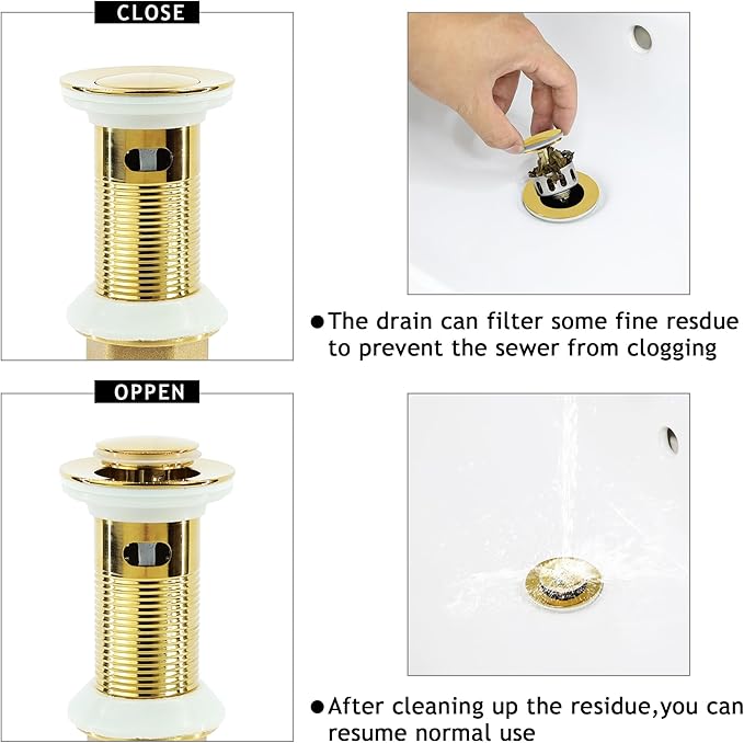 Bathroom Sink Drain,2 Pack Gold Stainless Steel Bathroom Drain Stopper with Overflow,Small Cap Pop Up Drain Assembly with Detachable Strainer Basket,Built-in Anti-Clogging