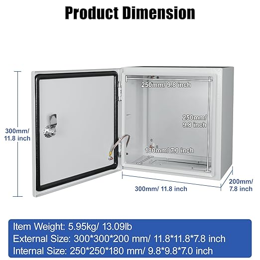 LeMotech Electrical Box 12 x 12 x 8 inch Junction Box, IP66 Waterproof Dustproof Steel Enclosure Wall-Mounted for Outdoor/Indoor Lockable with Equipment Mounting Plate