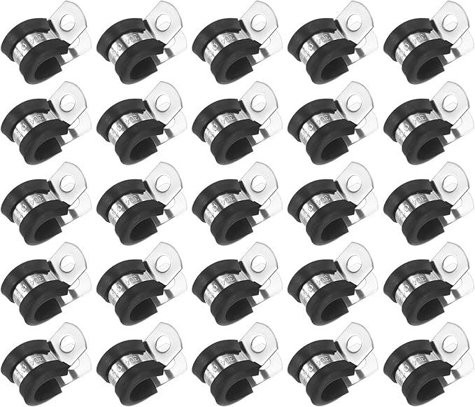 25-Pack Cable Clamps, 25/64 inch/ 10 mm 304 Stainless Steel Rubber Cushioned Insulated Cable Clamp R Shape Metal Holder for Tube/Wire/Pipe/Loop Installation