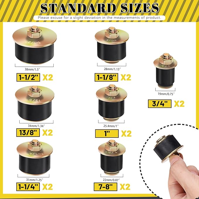14Pcs 7 Sizes Neoprene Rubber Expansion Plug, 1-1/2'', 1-3/8'', 1-1/4'', 1-1/8'', 1'', 7/8'', 3/4'' Automotive Rubber Expandable Freeze Plugs Fit Hole Size: 3/4"~1-1/2" (19mm~38mm)