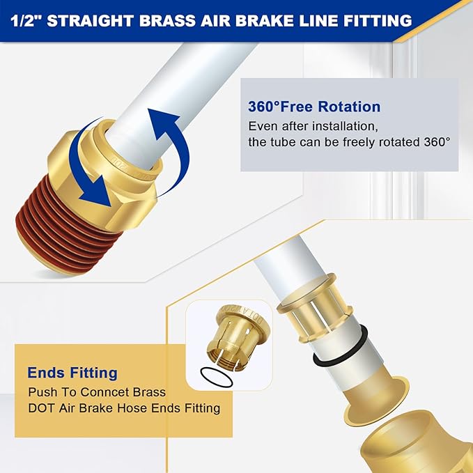 1/2" Brass Push to Connect DOT Air Brake Fittings, 3PCS Air Line Quick Connect Fittings 1/2" Tube OD x 1/2" NPT Connector Tube to Male Pipe for Truck Trailers Air Brake System