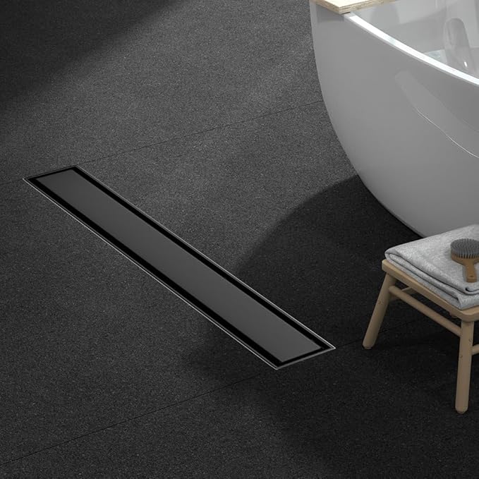 Linear Shower Drain 28 Inch Black, Brushed AISI 304 Stainless Steel Shower Drain with 2-in-1 Tile Insert Panel, for Bathroom, Kitchen, Garage & More