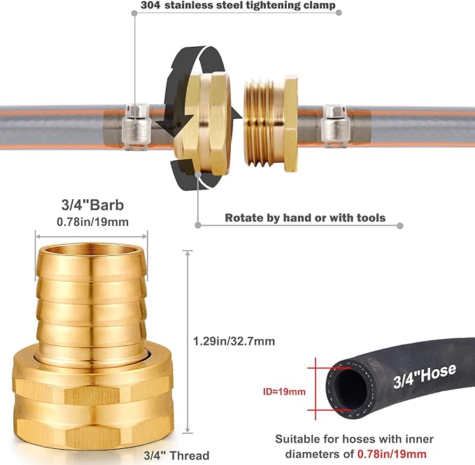 Solid Brass Garden Hose Repair kit Connector with Stainless Steel Clamps, Male Adapter/Female Garden Hose Swivel Fitting… (3/4" Barb x 3/4" Female -2 Sets)