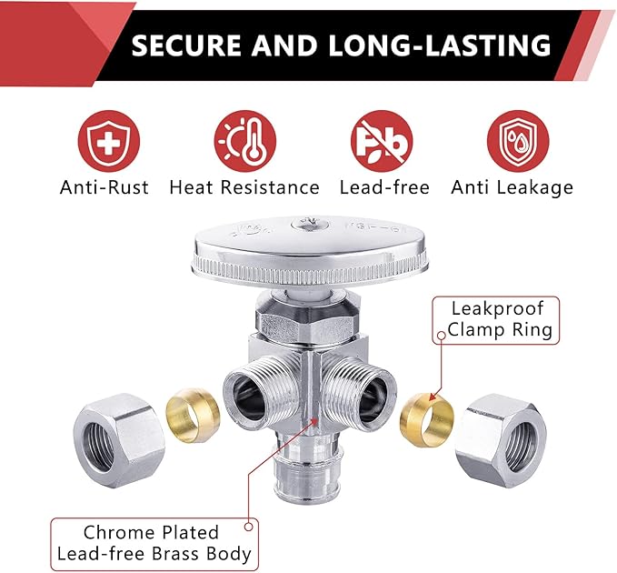 EFIELD Multi-Turn Dual Outlet Angle Stop Valve, 1/2" Expansion F1960 Pex-A Pipe Inlet x (3/8 inch x 3/8 inch) Compression Outlet,(VALVE066)